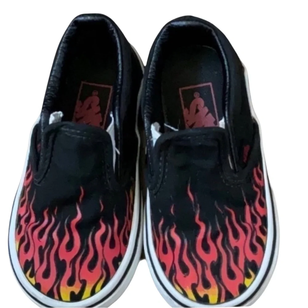 Vans Flame Slip-On Shoes Toddler 5.5 • Black Red Yellow Classic Skate Sneaker